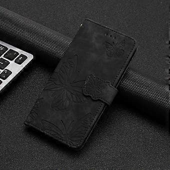 Compatible with OnePlus Nord N300 Embossed Butterfly Case with Wallet and Stand Function - Black Black Black