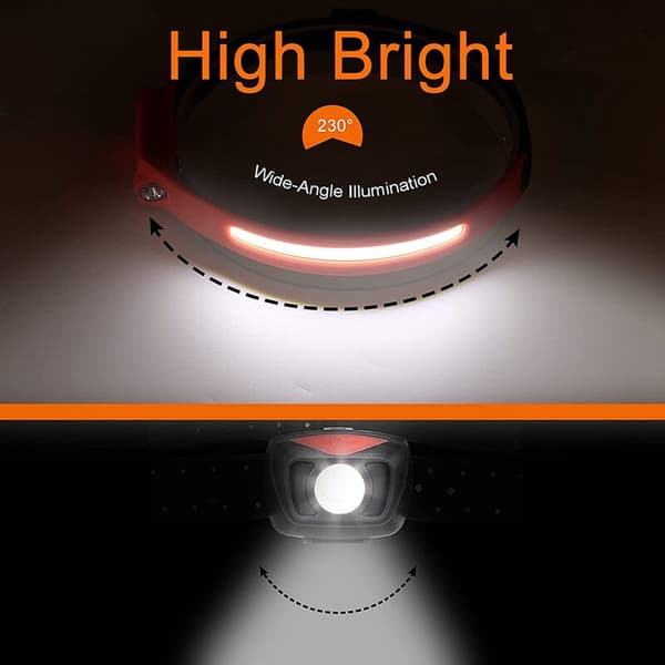 Hodelykt, Oppladbar LED-hodelykt 1200 Lumen 2 COB 230 Grader med Bevegelsessensor 5 Moduser, Rød