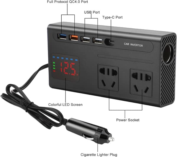 12V-220V Bilinverter 150W med digitalt display og USB-hurtiglader