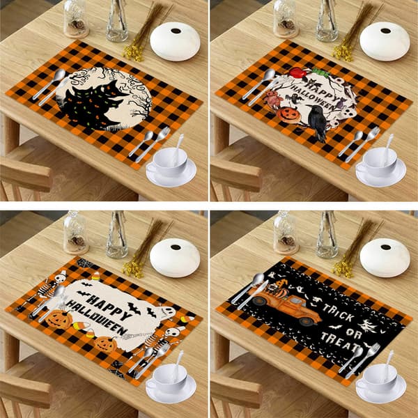 Halloween Buffalo Plaid Bordstabletter 4-pack 32x42cm Bomull Svart Orange