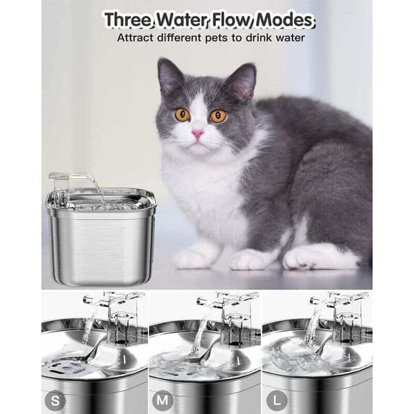 Kattvattenfontän 2,2 L 304 Rostfritt Stål, Ultratyst Vattenpump, Trippelfiltrering, Justerbart Vattenflöde