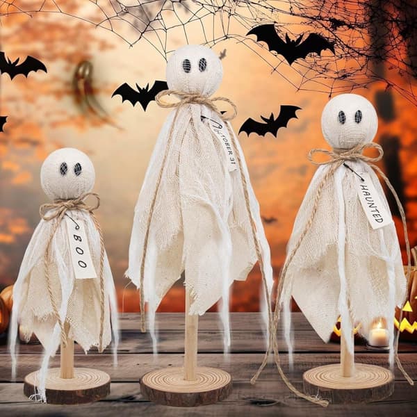3-pack Wooden Ghost Decoration - Halloween Decoration Rustic Figures for Shelf, Table & Ghost Party_OF