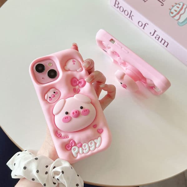 Kawaii 3D Grisefutteral med Stativ og Grep for iPhone 16 Pro Max, Søt Tegneserie Dyretelefonfutteral for Jenter, Gutter, Barn, Tenåringer og Kvinner Rosa