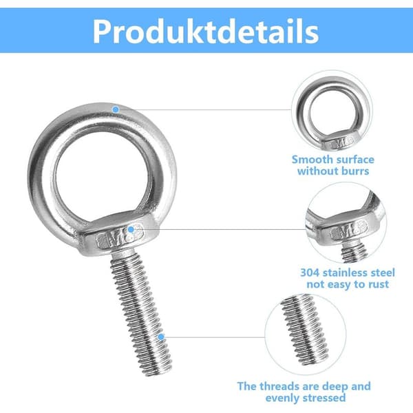 M8 x 30 mm Øjebolte til skruekroge, 304 rustfrit stål