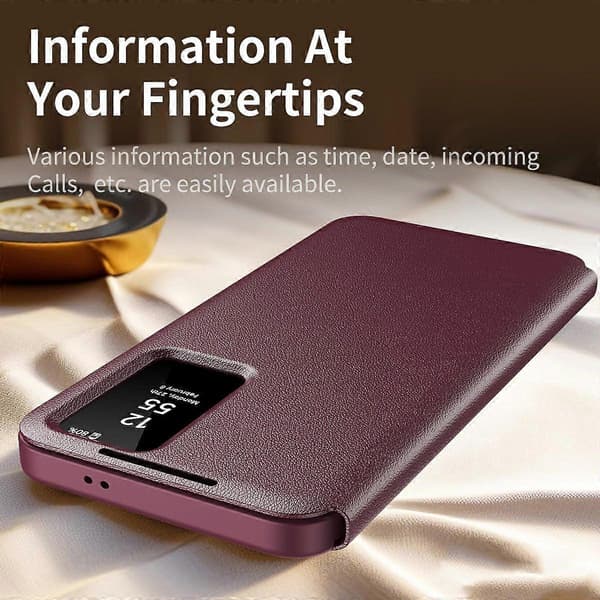 For Samsung Galaxy A56 5G Case with Card Holder Smart View Window Leather Phone Case - Wine Red-FX-