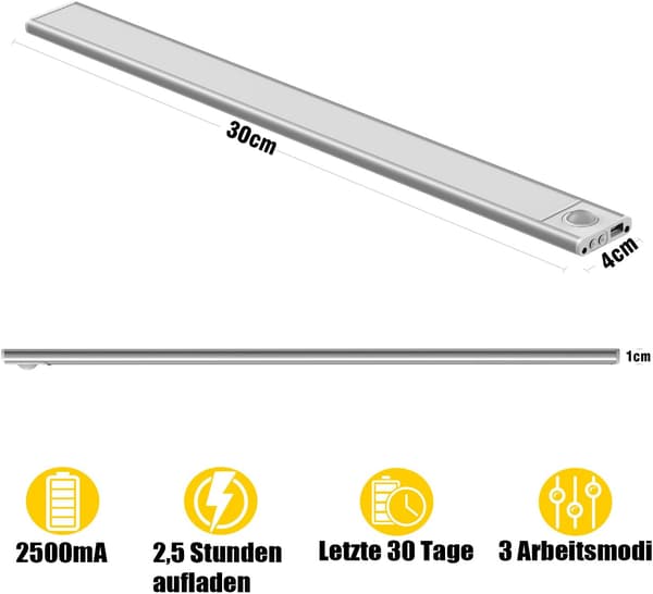 30 cm Closet Lighting with Motion Sensor for Indoor Use, Wireless LED Kitchen Light Strip, 6000K Cabinet Lighting with 3 Light Modes, USB Rechargeable, 2-Pack