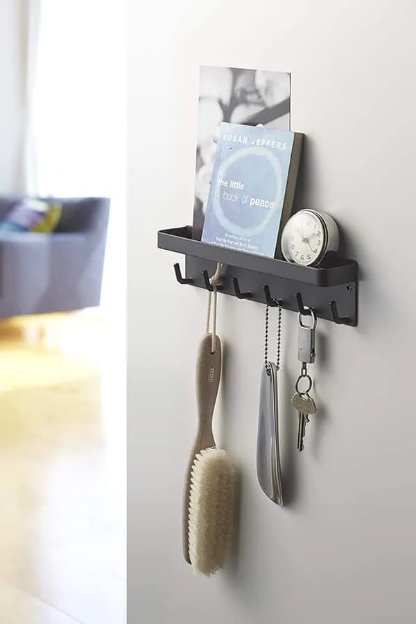 Key holder black stainless steel 6 hooks with shelf 45x245x60 mm