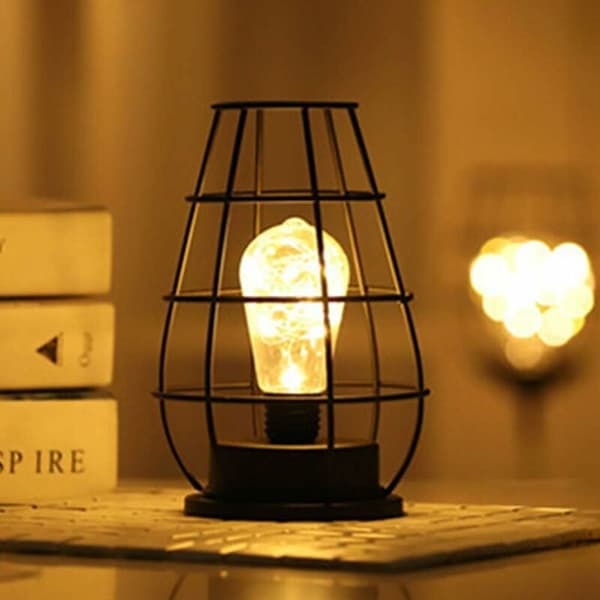 Moderne Bordlampe i Sort Metaltråd - Bur Stil - Retro Sengelampe - Batteridrevet - Til Soveværelse, 2