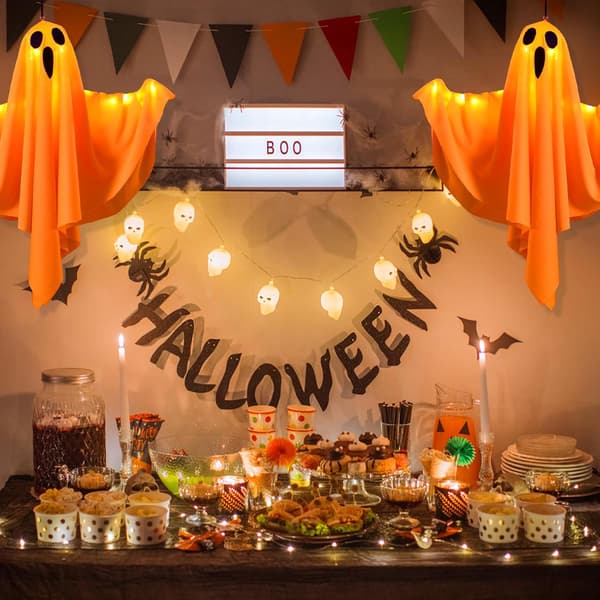 Halloween Spökdekorationer 4-pack Hängande Spöken med LED-ljus Vit Orange 50x40 cm Polyester