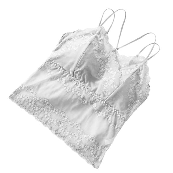 V-neck nylon camisole with lace trim and bra pads, white, M
