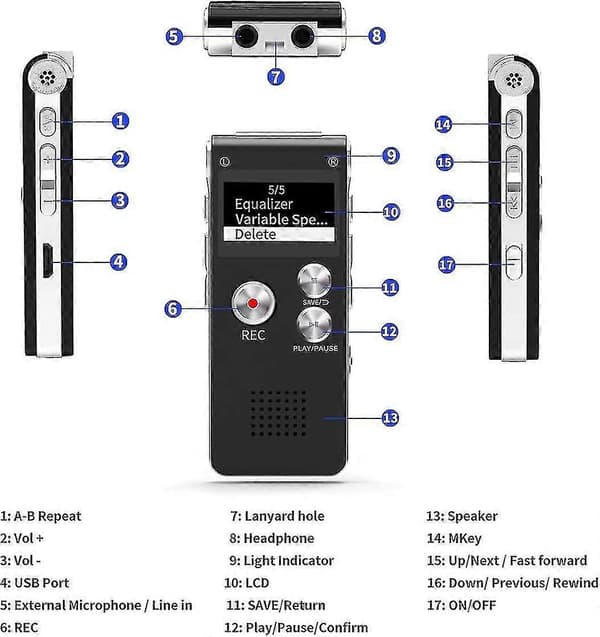 Digital stemmeopptaker 16 GB med avspilling og USB-opplading
