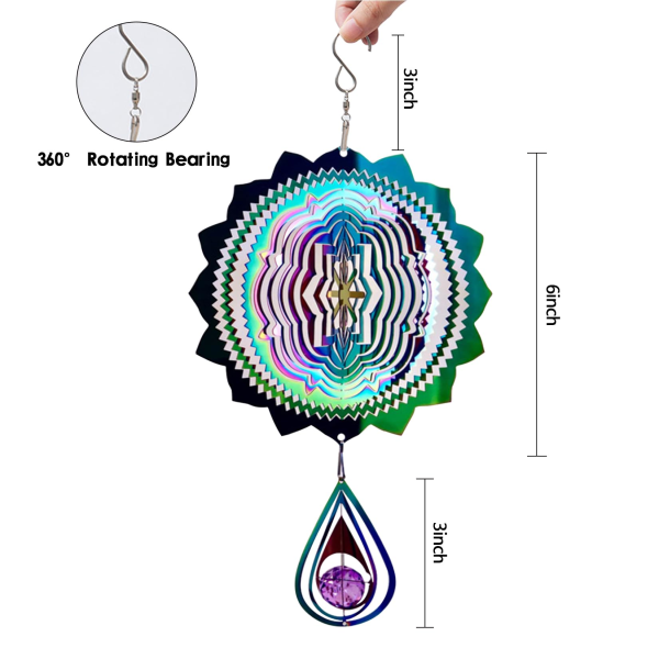 Rustfritt stål vindklokker, 3D fuglerepellent vindklokker for utendørs hengende vindspinner, fargerik roterende vindklokker