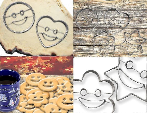 4 kageforme, smilende kageforme, chips til sjove bagværk, Emoji Smiley, hjerte, stjerne, blomst, rustfrit stål, sæt med 4 Zy