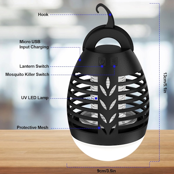 Myggdreperlampe, insektfanger USB oppladbar med 3-modus LED-lys, IPX6 vanntett flugefelle elektrisk for campinghage