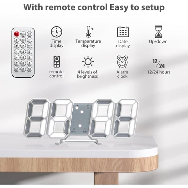 3D LED digital vægur med alarm, snooze, justerbart lys, 12/24 timer, dato & temperatur