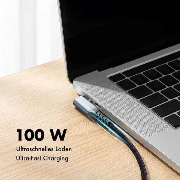 LogiLink USB-C–USB-C-kaapeli 0,5 m, 90° kulmaliitin, 100 W PD, harmaa/musta