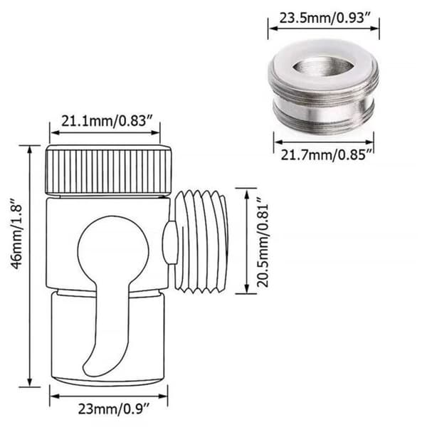 3-vejs bruseafledningsventil M21.7 x M23.5 messing kromfinish