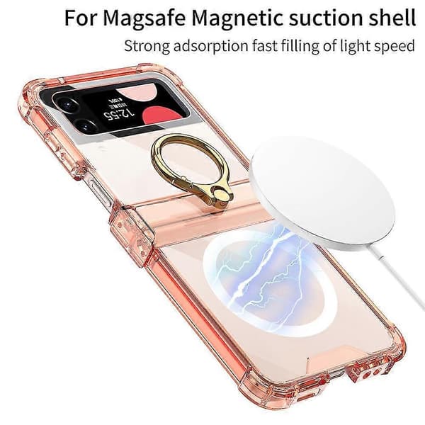 Magnetic Magsafe Case Compatible with Samsung Galaxy Z Flip 4, Transparent TPU Full Coverage Case with Ring Holder & Hinge Protection