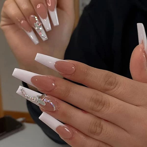 French Luxury Extra Long False Nails, Press-on Nails with Butterfly Design