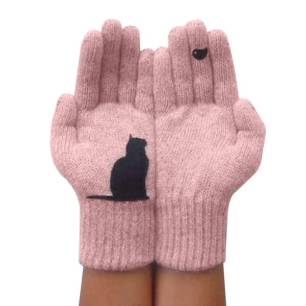 Kattevanter til kvinder Uldvanter Efterår Vinter Udendørs Varme Kuldebeskyttelse Polstrede Katteprintede Vanter-4 (Pink)