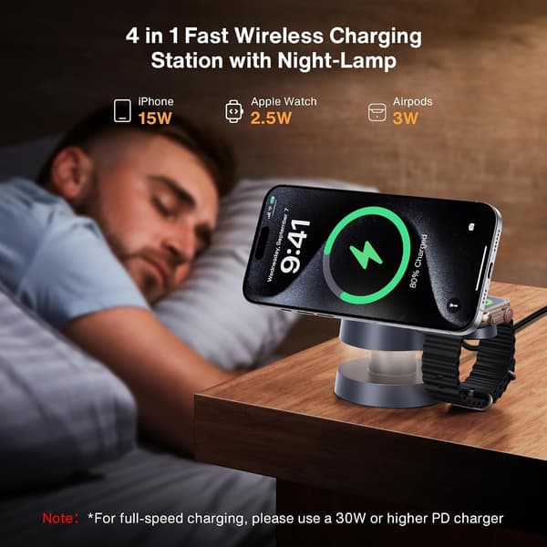4-in-1 langaton latausasema iPhone 16 Pro Maxille, yövalolla ja 30 W MagSafe-sovittimella