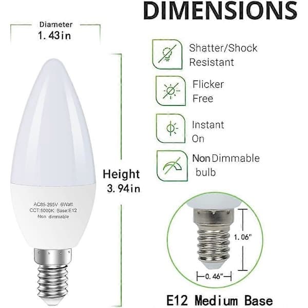 6-pak E12 LED-pærer til loftsventilatorer, 60W ækvivalent, B-form, ikke dæmpbare