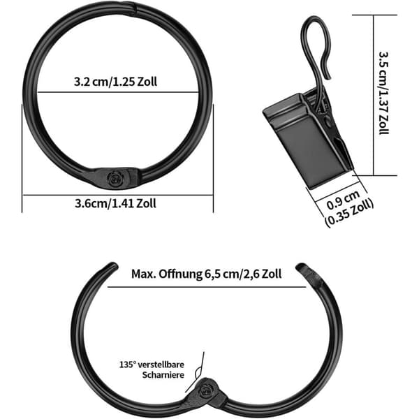 42 stk. 32 mm gardinringe med klemmer, metal, sort