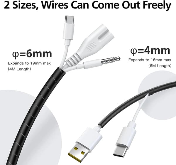 2-pack Spiral Cable Wrap, Flexible Cord Management Organizer, Tangle-Free Wire Protector for Home and Office, Black