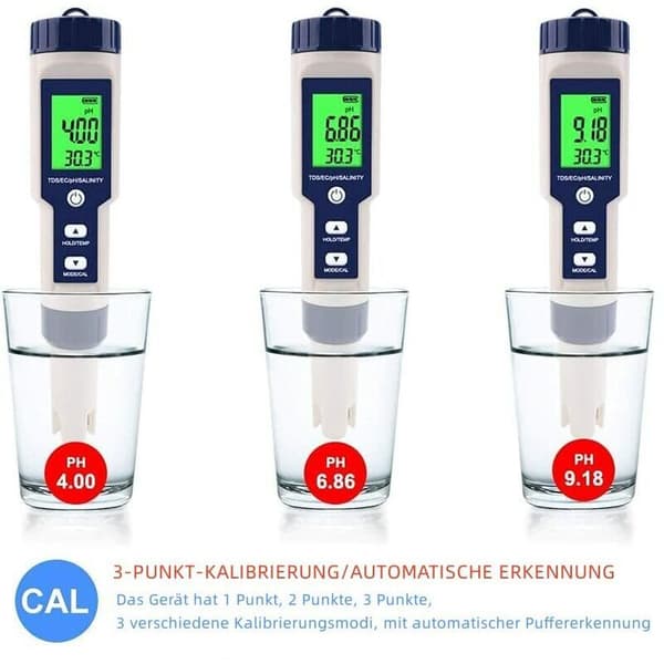 PH-måler, 5 i 1 PH/TDS/EC/Saltindhold/Temperaturmåler, Vandkvalitetsmonitor til Pools, Hydroponi, Drikkevand, Akvarier
