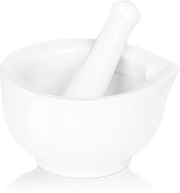 Morter og støder i porcelæn, keramisk urtekværn pilleknuser Se