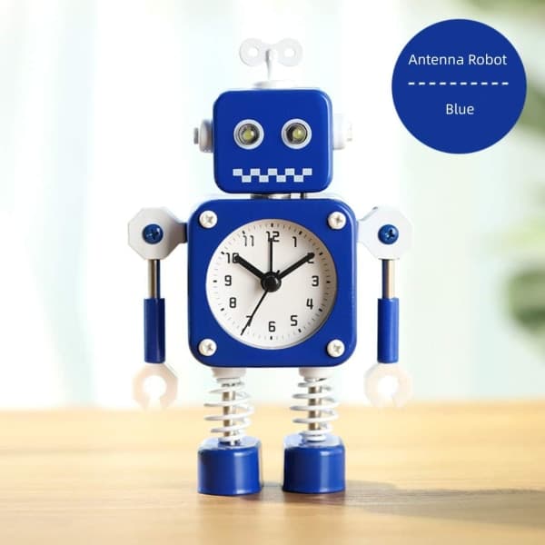 Robot-vækkeur i rustfrit stål, lydløst ur med roterende arme og blinkende øjne, blå