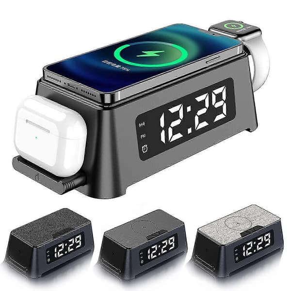 4-i-1 digital bord-vekkerklokke termometer Qi trådløs lader 15W for iPhone Cortical panel