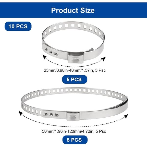 10-delt CV-ledklemme-sæt, 5 store (50-120 mm) og 5 små (25-40 mm), rustfrit stål