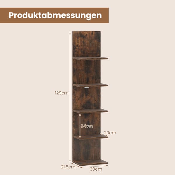 Väggmonterad trähylla med 5 våningar, rustik brun