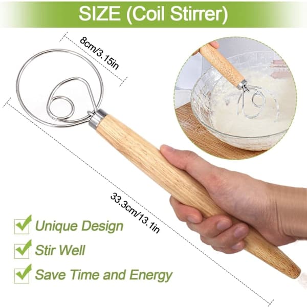 3 Pcs Danish Dough Whisks, Premium Mixing Whisk for Kitchen Baking Wooden Handle Stainless Steel Manual DIY