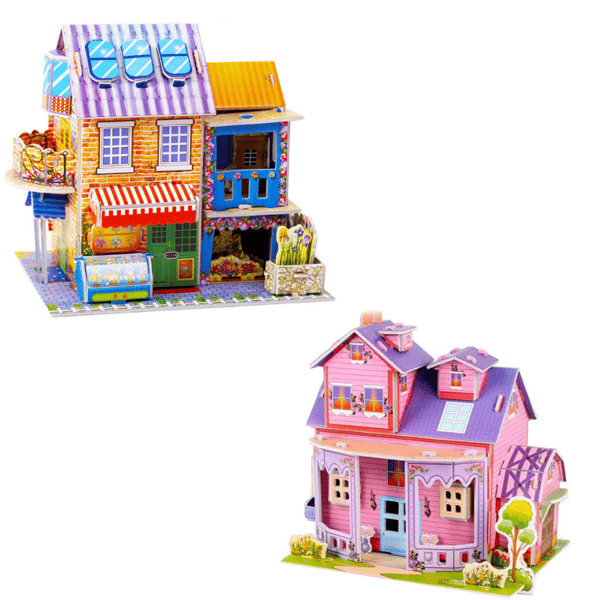 2 delar DIY pussel barns leksaker 3D pussel stativ fransk blomsteraffär + drömhus