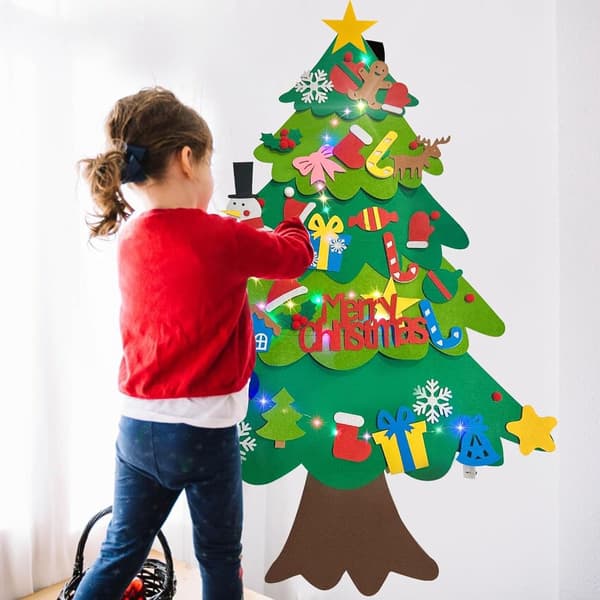Filt-juletræ til børn DIY-sæt 100 cm med 32 pynteting og LED-lyskæde