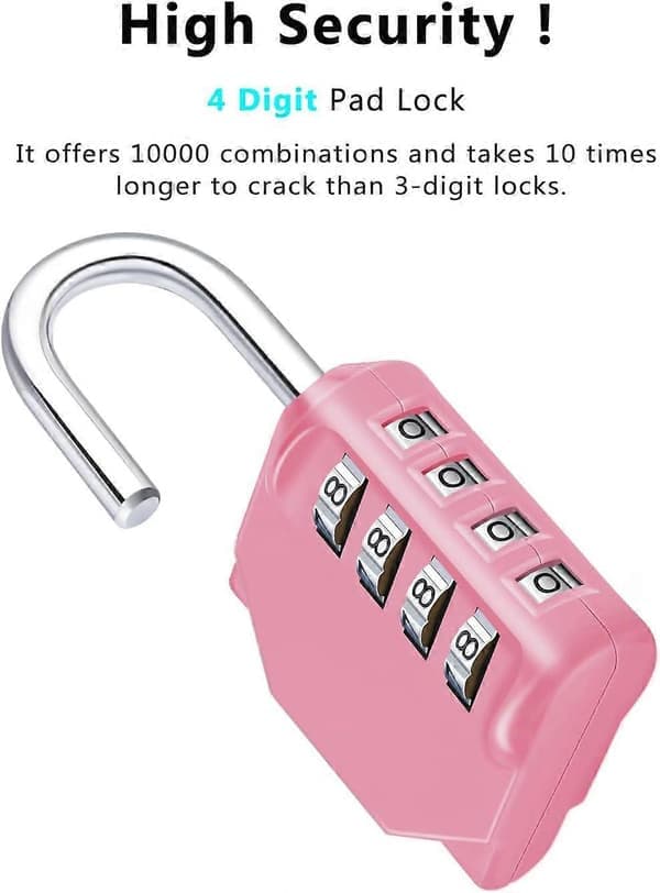 Combination Padlock, 4 Digit Coded Padlock, Gym Lock, School Locker Lock, Weatherproof Outdoor Combination Lock (Pink)