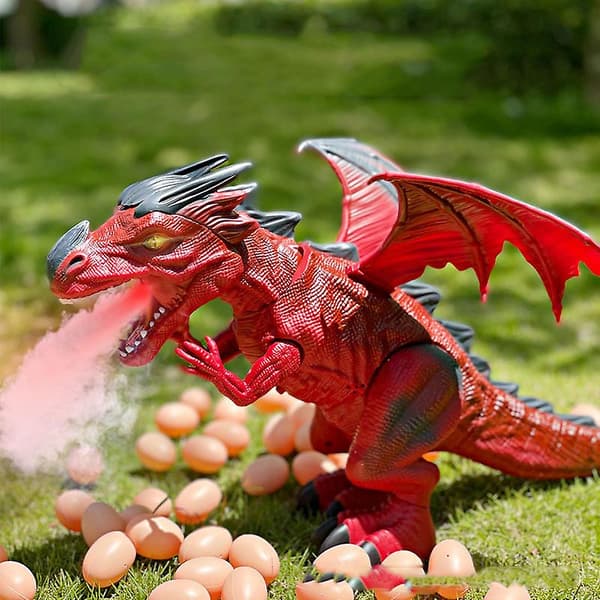 Elektrisk dinosaurieleke, går og legger egg, brannsprutende spray, projeksjon, flyvende drage, rød Red