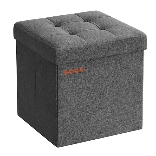 Foldable Soft Footstool with Storage in Dark Grey Fabric