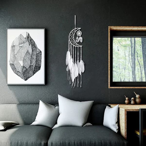 Moon White Dream Catcher, Handmade Moon Design with Feathers