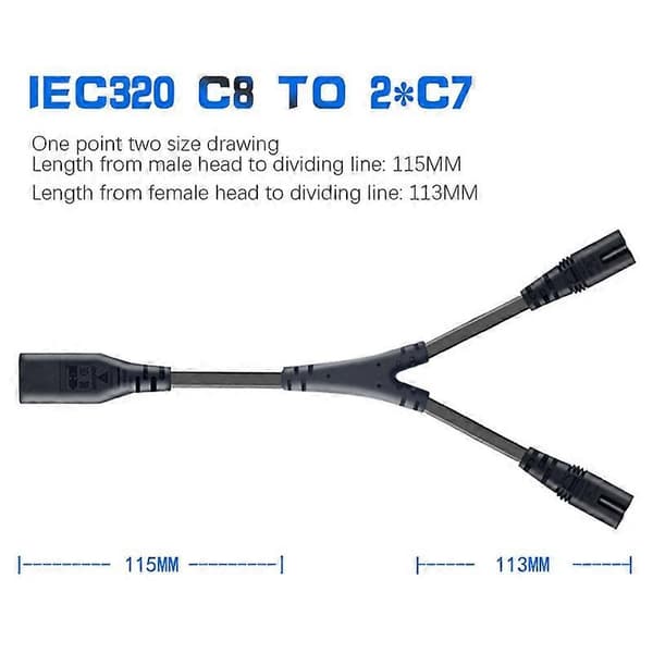 IEC320 C8 til 2X C7 Y Split AC Strømkabel, IEC Figur 8 Han til 2 Hun 1 ind 2 ud AC Strømkabel