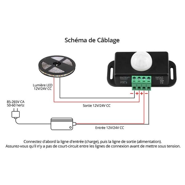 Infrarød bevægelsessensor, 12V/24V PIR-controller, PIR-sensor, velegnet til LED-strips, 2-pak.