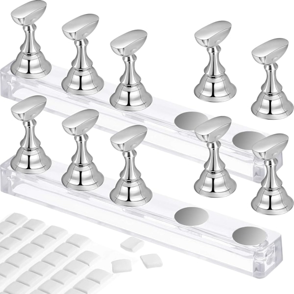 2 Set Akryl Nagelkonst Övningsställ Magnetisk Nagelspetshållare Träning Fingeragel Displayställ DIY Nagel Kristallhållare och 90 Delar Vit