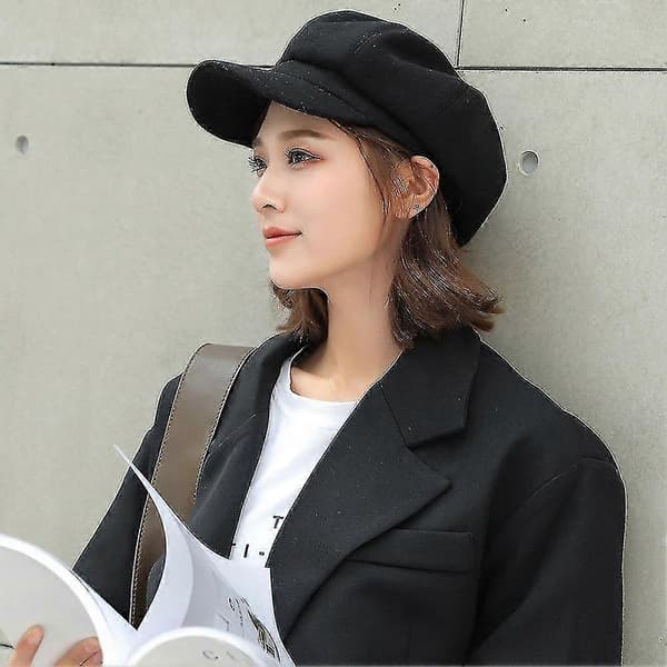 Beret i britisk stil, ensfarget, bred brem, dame, vinter, varm, spiss lue