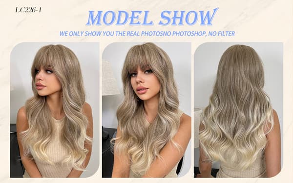 Long Light Brown Synthetic Wig with Wavy Bangs for Women