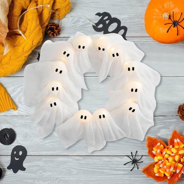 Halloween-krans vit batteridriven 11 LED-belyst dekoration