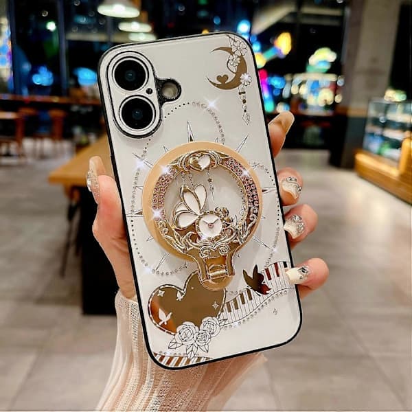 Magnetisk deksel med stativ for iPhone 16 TPU+PC Rhinestone-dekorert mobilskall - Hvit