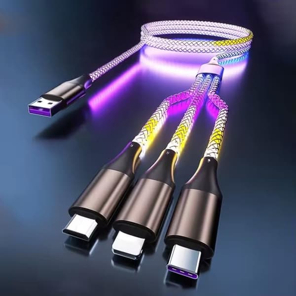 3-in-1-latauskaapeli 1,2 m LED-valolla, USB-C, Micro USB ja Lightning, pikalataus kaikille laitteille