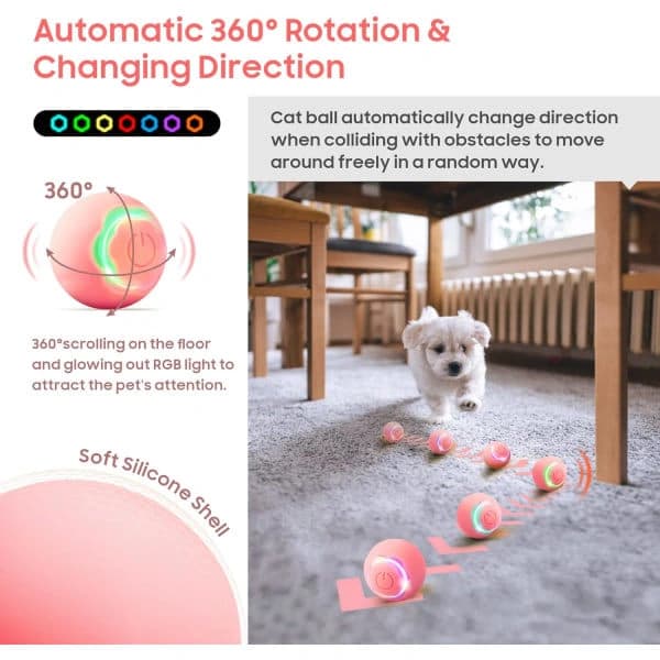 Interactive Cat Toy Ball with LED Light, Automatic Rotating Smart Ball for Indoor Cats, USB Rechargeable (Pink)